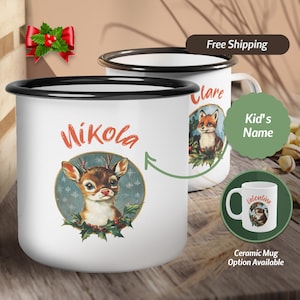 Taza de esmalte irrompible con nombre de niño personalizada, taza de chocolate caliente de 12 oz para Nochebuena, taza de cacao con nombre personalizado de animales del bosque vintage para fiestas