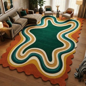 Handmade Tufted Rug, Retro Area Rug, 70s Home Decor, Abstract Wavy Rug, Green Orange Rug, Irregular Shape, Funky Room Decor, Mid Century Modern, Groovy Aesthetic, Maximalist Carpet, Custom Floor Mat, Dopamine Decor, Statement Rug