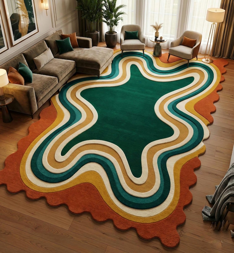 Handmade Tufted Rug, Retro Area Rug, 70s Home Decor, Abstract Wavy Rug, Green Orange Rug, Irregular Shape, Funky Room Decor, Mid Century Modern, Groovy Aesthetic, Maximalist Carpet, Custom Floor Mat, Dopamine Decor, Statement Rug