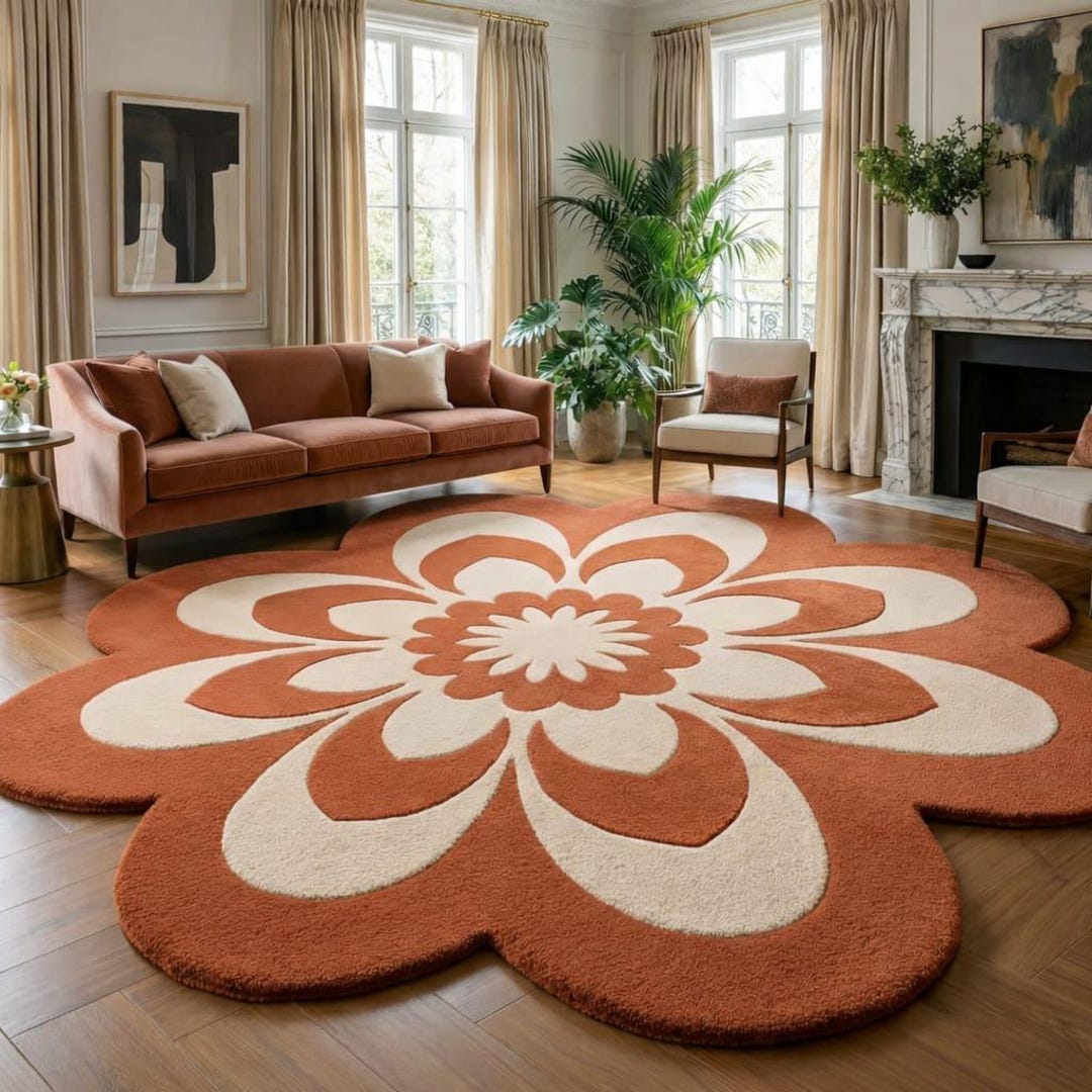 Flower City Rug Handmade Tufted Flower Rug, Terracotta & Cream, Large Retro Floral Area ...