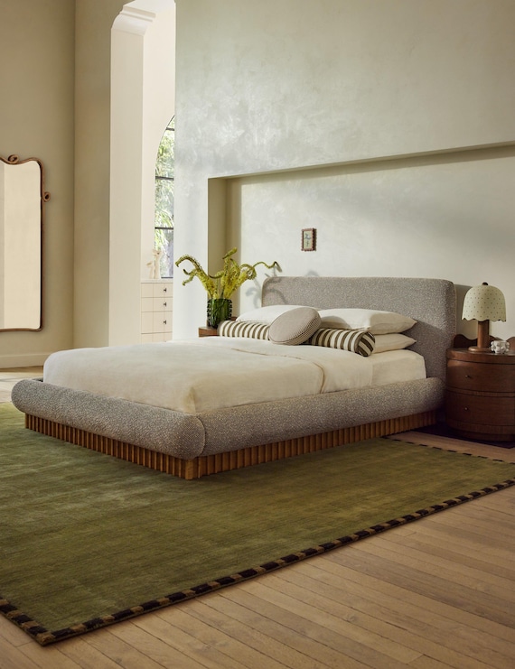 7x10 Handmade Tufted Rug Olive Green Area Rug Checkered Border Aesthetic Bedroom Carpet Modern Living Room Decor Custom Floor Rug