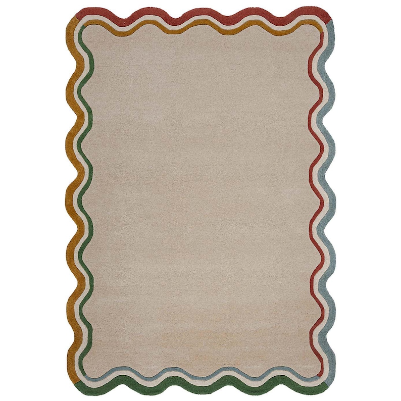 Handmade Tufted Rug with Wavy Colorful Border | Scalloped Edge Aesthetic Room Decor | Funky Custom Squiggly Rug | Dopamine Decor 9x12,12x15 image 2