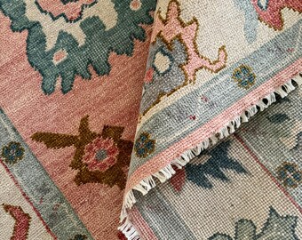 Handgeknüpfter Oushak Teppich 200x300, Großer Teppich im Türkischen Stil, Pastellrosa und Blau, Handgeknüpfter Wollteppich für Schlafzimmer, Traditioneller Blumenteppich 15x20,6x9,8x10