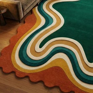 Handmade Tufted Rug, Retro Area Rug, 70s Home Decor, Abstract Wavy Rug, Green Orange Rug, Irregular Shape, Funky Room Decor, Mid Century Modern, Groovy Aesthetic, Maximalist Carpet, Custom Floor Mat, Dopamine Decor, Statement Rug