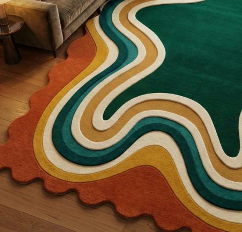 Handmade Tufted Rug, Retro Area Rug, 70s Home Decor, Abstract Wavy Rug, Green Orange Rug, Irregular Shape, Funky Room Decor, Mid Century Modern, Groovy Aesthetic, Maximalist Carpet, Custom Floor Mat, Dopamine Decor, Statement Rug