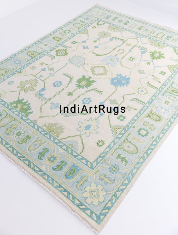 Hand-Knotted Green Oushak Rug 4×6 | Turkish Style Entryway & Living Room Rug | Wool Area Carpet.