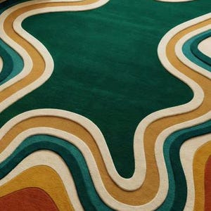 Handmade Tufted Rug, Retro Area Rug, 70s Home Decor, Abstract Wavy Rug, Green Orange Rug, Irregular Shape, Funky Room Decor, Mid Century Modern, Groovy Aesthetic, Maximalist Carpet, Custom Floor Mat, Dopamine Decor, Statement Rug