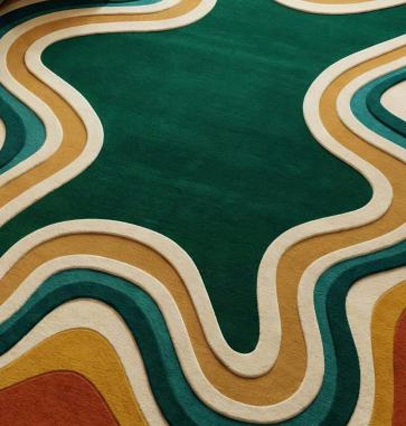Handmade Tufted Rug, Retro Area Rug, 70s Home Decor, Abstract Wavy Rug, Green Orange Rug, Irregular Shape, Funky Room Decor, Mid Century Modern, Groovy Aesthetic, Maximalist Carpet, Custom Floor Mat, Dopamine Decor, Statement Rug