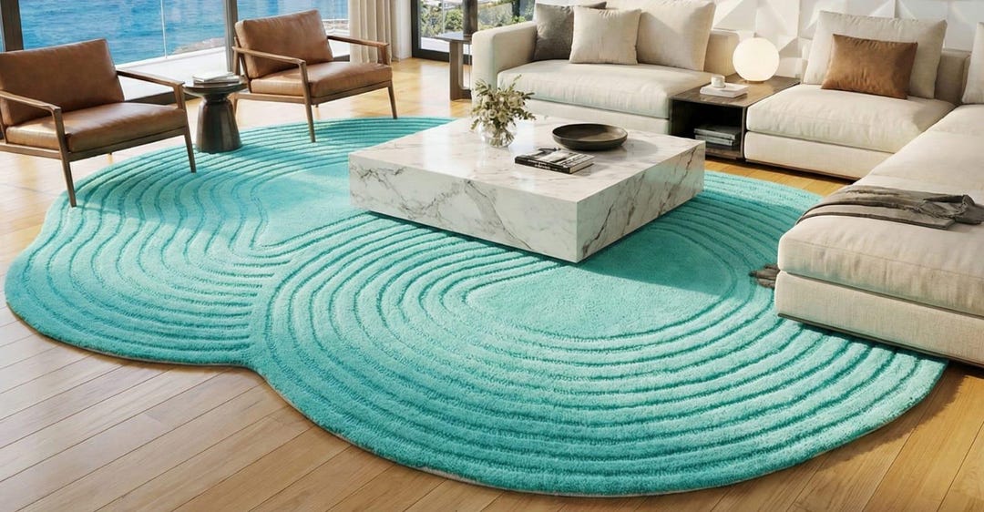 Turquoise Silk Ribbed Rug Handmade Tufted Rug Large Turquoise Aqua Organic Shape Irregular Ripple ...