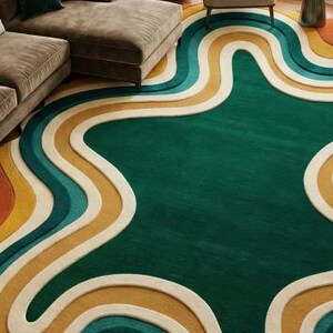 Handmade Tufted Rug, Retro Area Rug, 70s Home Decor, Abstract Wavy Rug, Green Orange Rug, Irregular Shape, Funky Room Decor, Mid Century Modern, Groovy Aesthetic, Maximalist Carpet, Custom Floor Mat, Dopamine Decor, Statement Rug