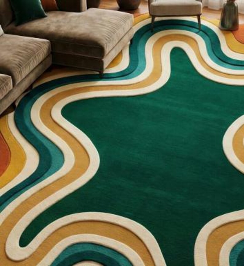 Handmade Tufted Rug, Retro Area Rug, 70s Home Decor, Abstract Wavy Rug, Green Orange Rug, Irregular Shape, Funky Room Decor, Mid Century Modern, Groovy Aesthetic, Maximalist Carpet, Custom Floor Mat, Dopamine Decor, Statement Rug