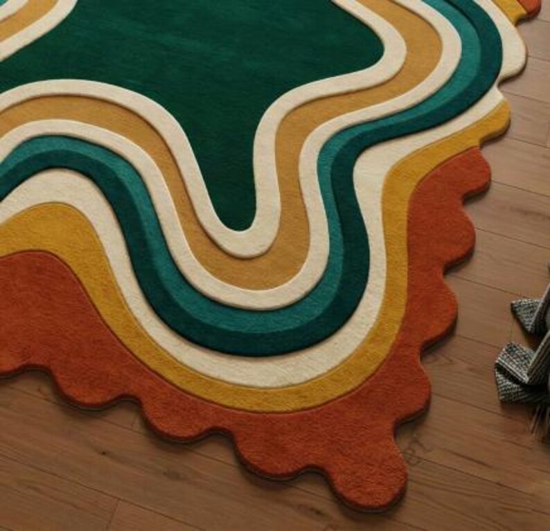 Handmade Tufted Rug, Retro Area Rug, 70s Home Decor, Abstract Wavy Rug, Green Orange Rug, Irregular Shape, Funky Room Decor, Mid Century Modern, Groovy Aesthetic, Maximalist Carpet, Custom Floor Mat, Dopamine Decor, Statement Rug