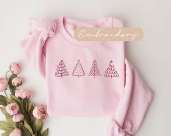 Pink Christmas Tree Sweater Embroidered, Pink Tree Christmas Sweatshirt, Holiday Sweaters For Women, Girly Pink Pine Tree Xmas Eve Crewneck