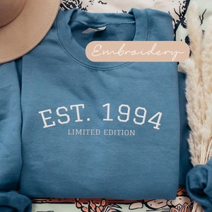 May include: A blue sweatshirt with white embroidered text reading "EST. 1994 LIMITED EDITION." A beige hat is partially visible in the upper left corner. The word "Embroidery" is written on a light brown label.