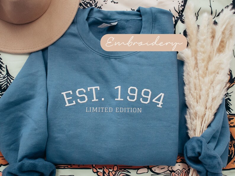 May include: A blue sweatshirt with white embroidered text reading "EST. 1994 LIMITED EDITION." A beige hat is partially visible in the upper left corner. The word "Embroidery" is written on a light brown label.