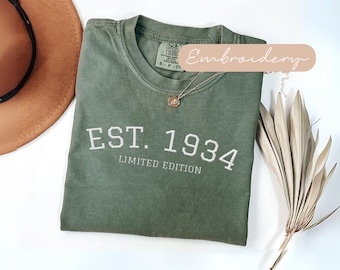 1934 Shirt Embroidered, Limited Edition 1934 Tshirt Comfort Colors, Est 1934 T Shirt, 90th Birthday Gifts For Her, Gift for 90 Year Old