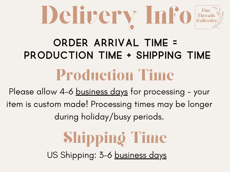 May include: Cream-colored graphic with text about order arrival time, production time, and shipping time. The text includes "Delivery Info", "ORDER ARRIVAL TIME = PRODUCTION TIME + SHIPPING TIME", "Production Time", and "Shipping Time". The image also includes the text "Fine Threads Collective".