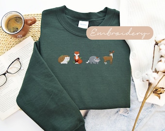 Fall Cottagecore Sweatshirt Embroidered, Fall Themed Sweatshirt, Cute Animal Autumn Embroidered Crewneck, Fox Nature Embroidery Sweater