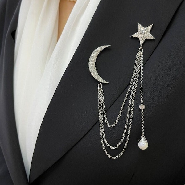 Handmade Pearl Detailed Crescent and Star Brooch with Real Zirconia Personalized jewelry Elegant Gold Plated Celestial Moon Pin Gift for Mom