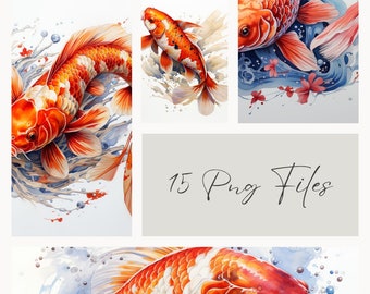 Exquisite Watercolor Koi Fish Clip Art - Digital Download, Vibrant Hand-Painted Fish Illustrations for Scrapbooking, Invitations & More