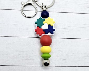 Silver Autism Silicone Beaded Keychain