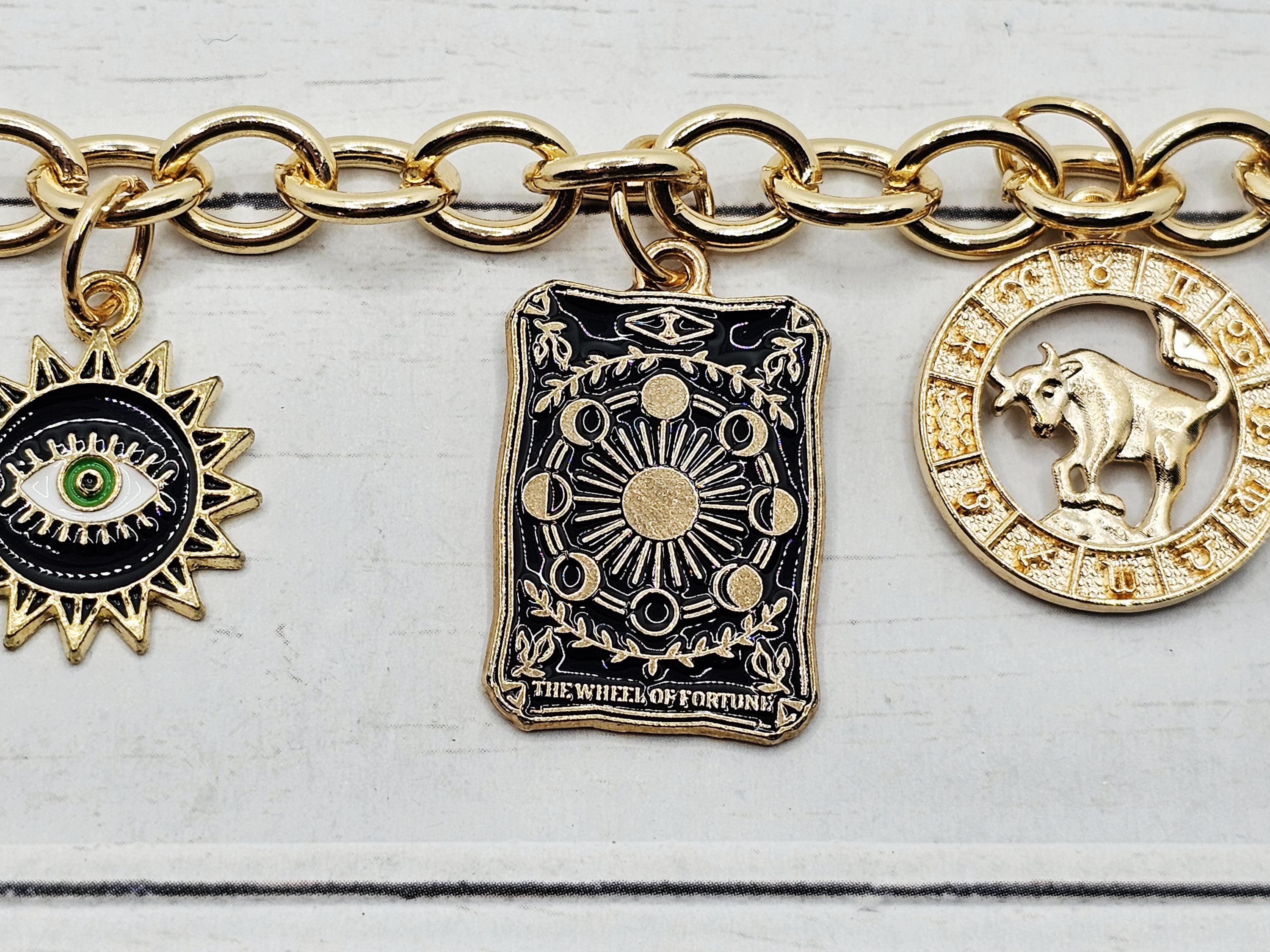 Gold Taurus / Wheel of Fourtune Tarot Charm Bracelet - Etsy
