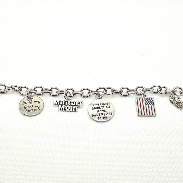 Silver "Half of my Heart is Deployed" Military Mom Charm Bracelet