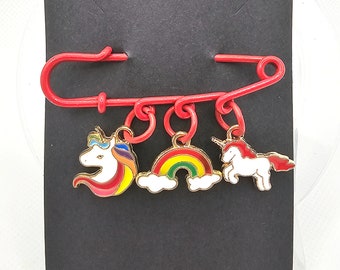 Kids Red Unicorns and Rainbow Brooch Pin