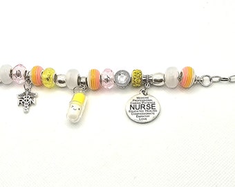 Yellow, Pink, and White Nurse/RN European Bead Charm Bracelet