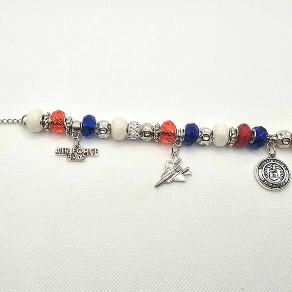 Red, White, Blue Air Force Brat European Bead Charm Bracelet