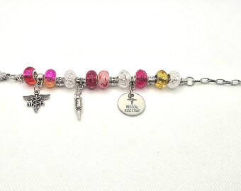 Pink and Orange Medical Assistant European Bead Charm Bracelet