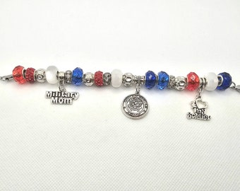 Red, White, Blue Military/Army European Bead Charm Bracelet