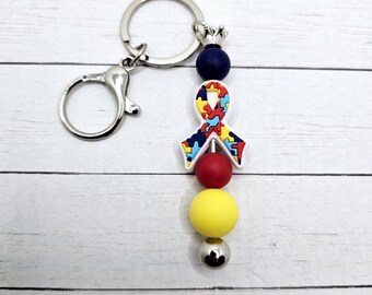 Silver Autism Silicone Beaded Keychain