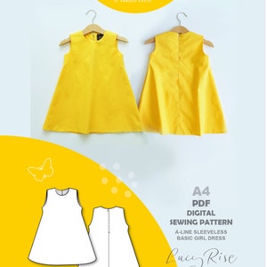 Può includere: Due abiti gialli senza maniche a trapezio su grucce di legno. Vengono mostrati il davanti e il retro degli abiti. Sotto gli abiti ci sono due contorni di abiti bianchi e il testo "A4 PDF DIGITAL SEWING PATTERN A-LINE SLEEVELESS BASIC GIRL DRESS". È visibile anche il logo "Lucy Rise KIDS WEAR".