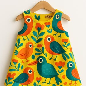 Puede incluir: Vestido sin mangas amarillo con un colorido estampado de pájaros y flores. El vestido presenta pájaros naranjas, turquesas y azules con flores naranjas y hojas verdes. El texto "RANEE RINS" está impreso en el escote.