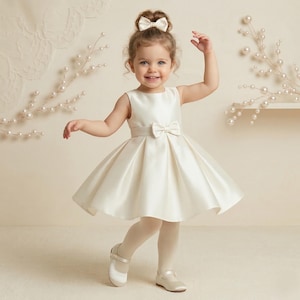 Puede incluir: Una niña pequeña con un vestido marfil sin mangas con un lazo en la cintura y otro en el pelo. Lleva medias blancas y zapatos blancos. El vestido tiene una falda amplia y es de tejido brillante.