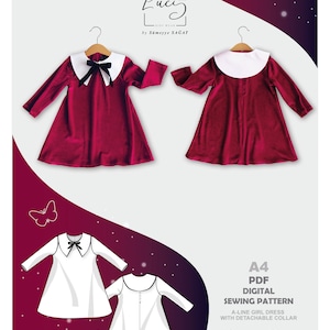 Sewing Pattern PDF - 1 YEARS A-Line Girl Dress With Detachable Large Collar