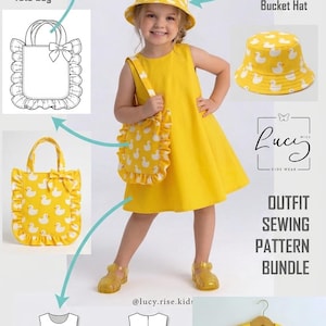 May include: A sewing pattern bundle for a sleeveless dress, a ruffled tote bag, and a bucket hat. The items feature a yellow fabric with a white duck print. The bundle includes technical line drawings, fabric swatches, and finished examples.