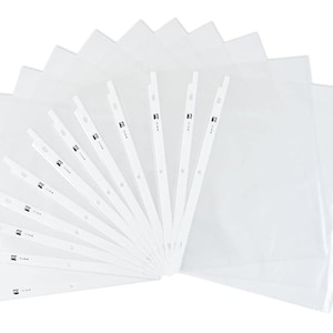 May include: A collection of clear, plastic sheet protectors fanned out against a white background. Each protector has a white strip with holes for binding. The protectors are designed to hold standard-sized documents.