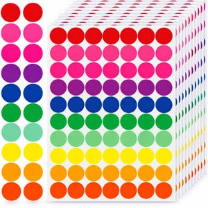 May include: Sheets of colorful round stickers in a rainbow of hues. The stickers are arranged in rows and columns, with each sheet containing a variety of colors, including red, pink, purple, blue, green, yellow, orange, and more. Great for crafts and organization.