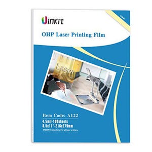 Peut inclure: Un paquet de film d'impression laser OHP de Vinkit. L'emballage est blanc et bleu avec le nom du produit et une photo d'un projecteur. Le paquet contient 100 feuilles, 216x279mm.