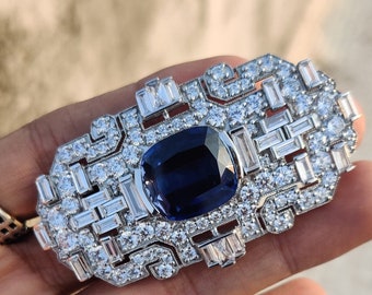 Art-Deco 925 Sterling Silver Diamond Pin Brooch For Men/Women /  Cushion-cut Blue Sapphire & CZ Diamond Sparkly Jewelry Handmade