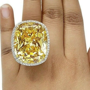 100 Carat Yellow Cushion Halo Cocktail Ring, Cushion Cut Ring, Wedding Ring, Promise Ring, Made to order, 925 Sterling Silver Huge Ring