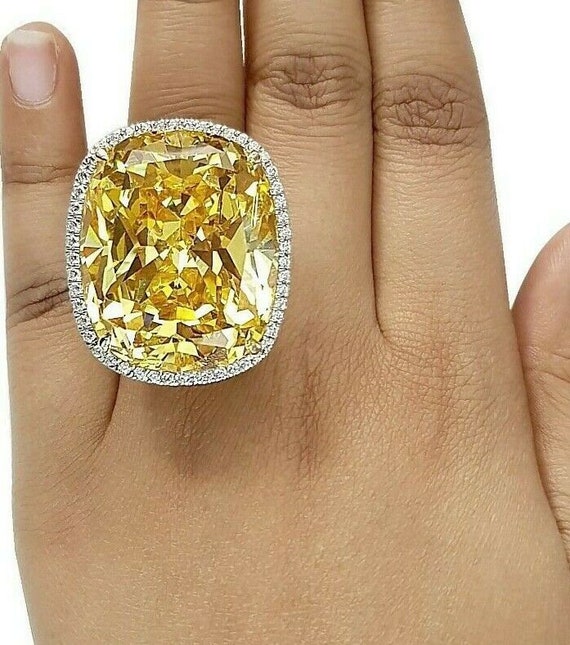 100 Carat Yellow Cushion Halo Cocktail Ring, Cushion Cut Ring, Wedding Ring, Promise Ring, Made to order, 925 Sterling Silver Huge Ring
