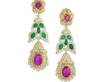 Red Ruby Dangle Drop earrings for women, 925 Sterling silver, Bridal jewelry, Christmas gifts, White Studded Diamond Handmade Jewelry