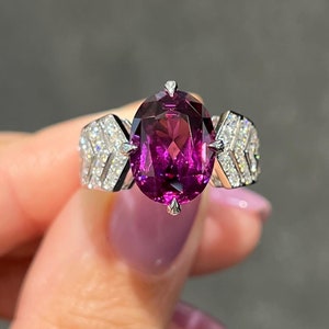 Rhodolith Granat Ring, 925 Sterling Silber CZ Granat Rhodolith Schmuck, Oval Cut Lila Brautschmuck