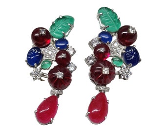 Leaf Tutti Frutti Dangle Drop Earring for Women 925 Sterling Silver, Emerald, Sapphire & Ruby Hand Carved, Art Deco Earrings, Gift for Her