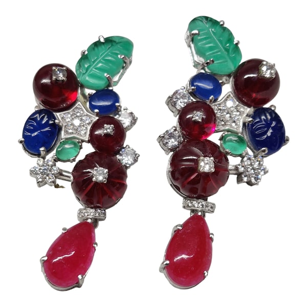 Leaf Tutti Frutti Dangle Drop Earring for Women 925 Sterling Silver, Emerald, Sapphire & Ruby Hand Carved, Art Deco Earrings, Gift for Her