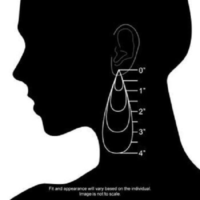 May include: A black and white illustration of a person's profile with a pair of teardrop-shaped earrings. The earrings are shown in different sizes, with measurements in inches from 0 to 4 inches.