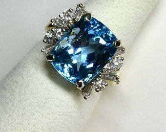 11.00 Carat Rare Santa Maria Aquamarine Ring 0.98CT Baguette and Round Cut CZ Ring Handmade Jewelry From India | Silent World Jewelry.